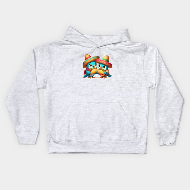 cute love birds are eating Mexican specialties, Tacos, Burritos, Enchiladas, Quesadillas, Guacamole, Fajitas, Chiles Rellenos, Tamales, Mole, Chilaquiles, Kids Hoodie by art poo